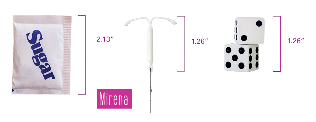 Image showing a Mirena IUD size in relation to a sugar packet and dice